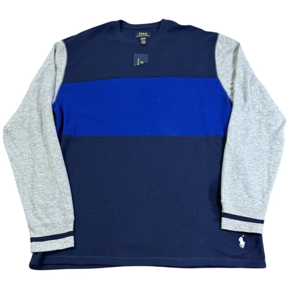 Polo Ralph Lauren Mens Thermal Long Sleeve Top Color Block Blue‎ Grey L